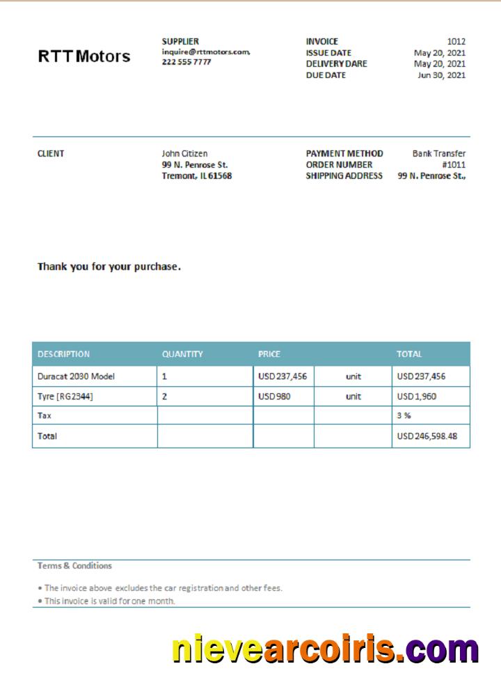USA RTT Motors invoice